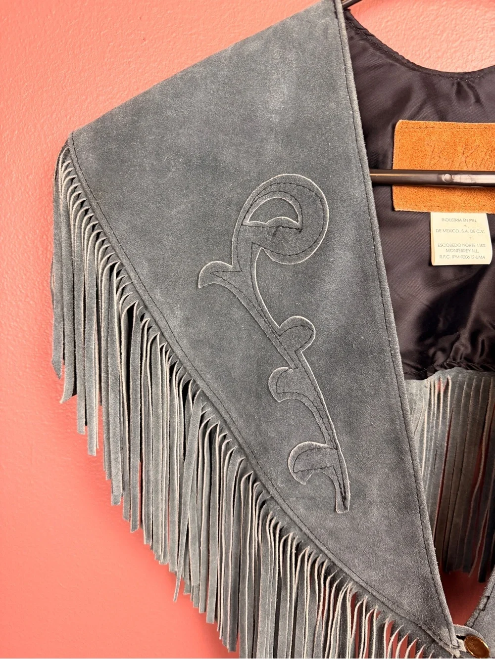Vintage Ben Kalton Fringed Suede Shawl Collar Slate Gray Blue One Size Buttoned